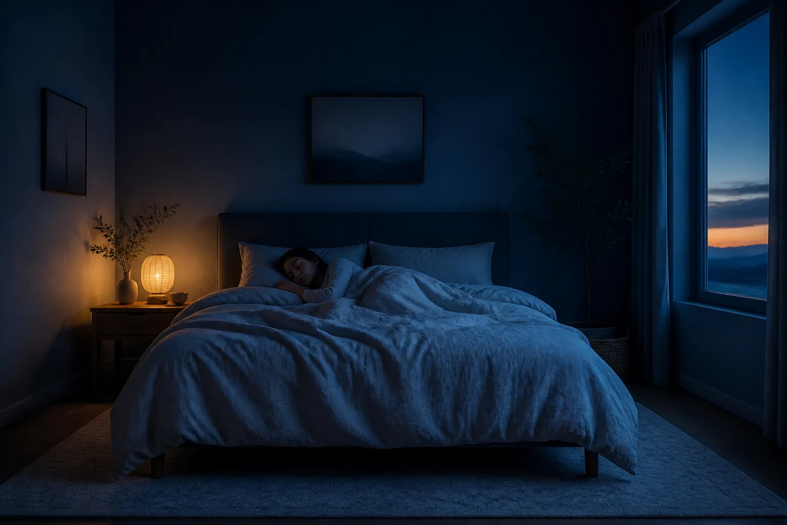 Person sleeping peacefully in a dim bedroom before dawn, beside a glowing bedside clock