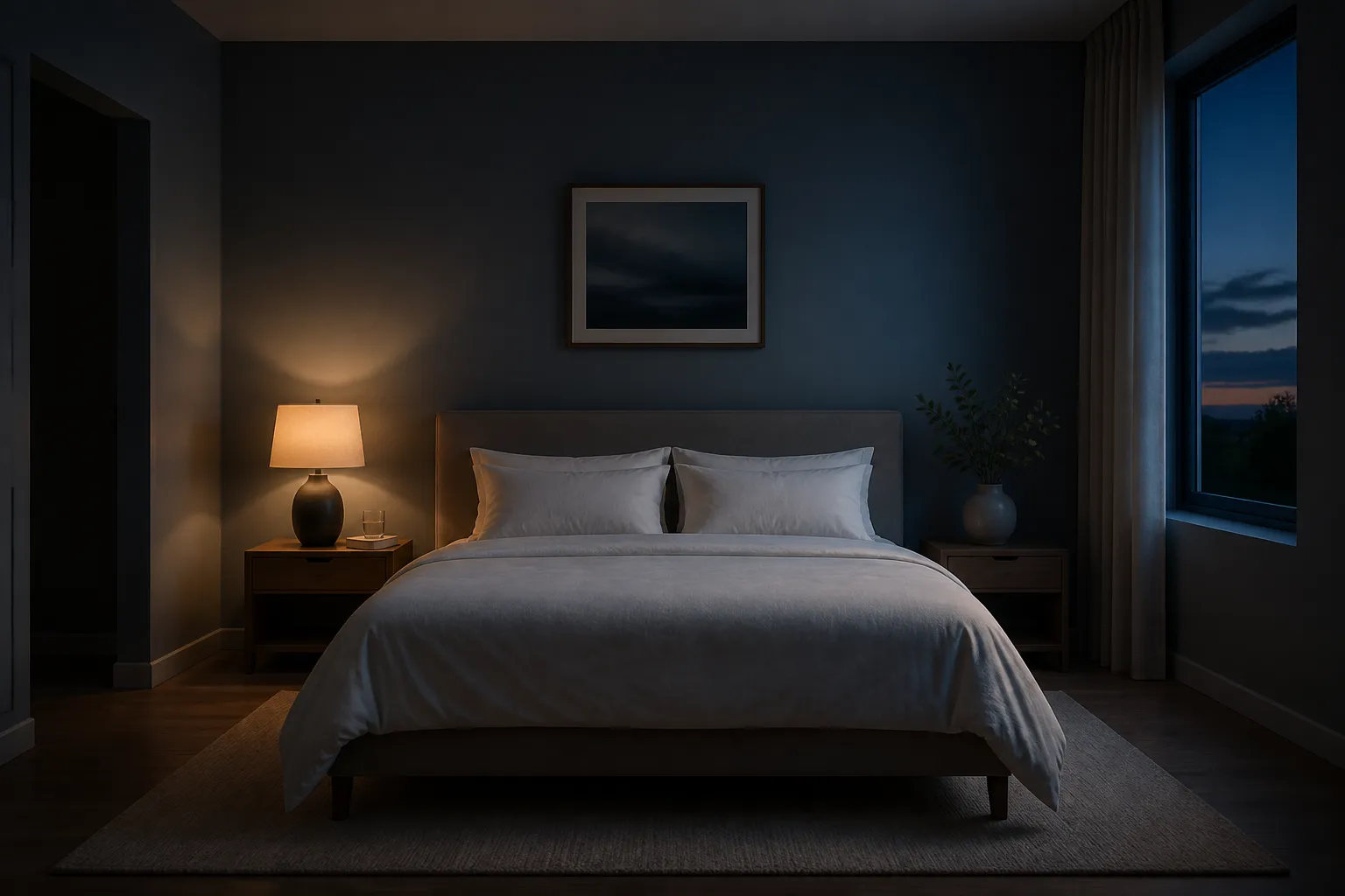 A calm dimly lit bedroom prepared for a restful night of sleep